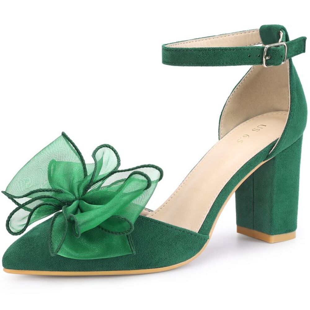Bow Knot Pointed Toe Block Heel Pumps Green